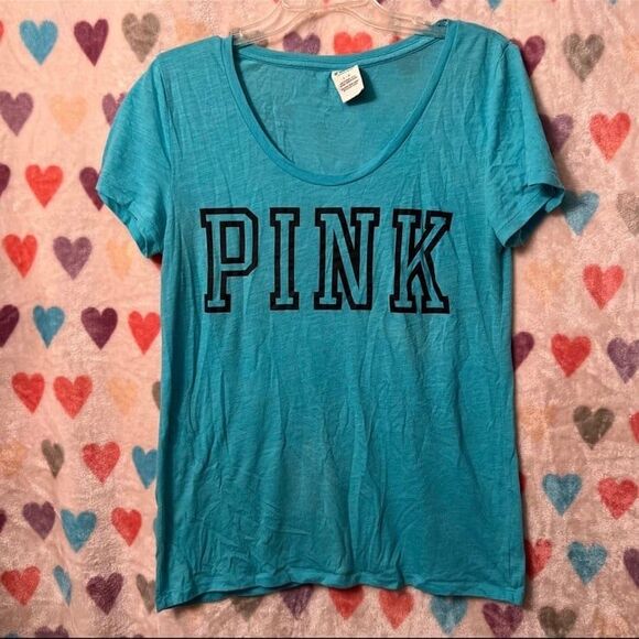 Victoria’s Secret PINK Logo Scoopneck Aqua Tee Large - Picture 1 of 4